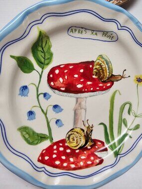 Anthropologie Nathalie Lete Dinner Plate Mushrooms Snails Après La Pluie  10"